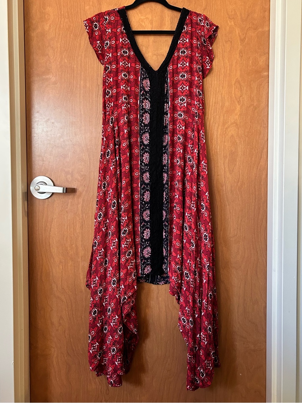 Nostalgia Vintage Red Black Boho Dress with Crochet Trim - Size L